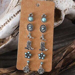 6 Pairs Vintage Western Turquoise Earrings Set – Boho Chic Jewelry, cowgirl boot